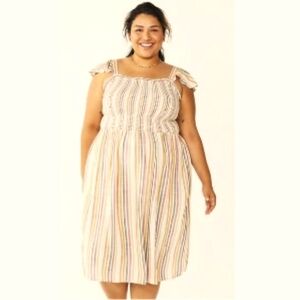 New w Tags Sonoma 1X Ivory Earth Tone Striped Smocked Bodice Boho Dress Pockets